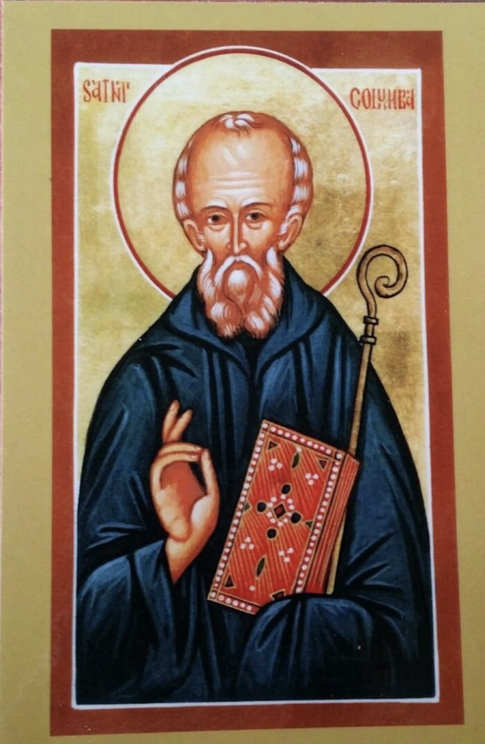 Icon of St. Columbia - showing Crozier (sign of a bishop) and an illuminated manuscript perhaps representing the Book of Kells - penned after Columba's time.